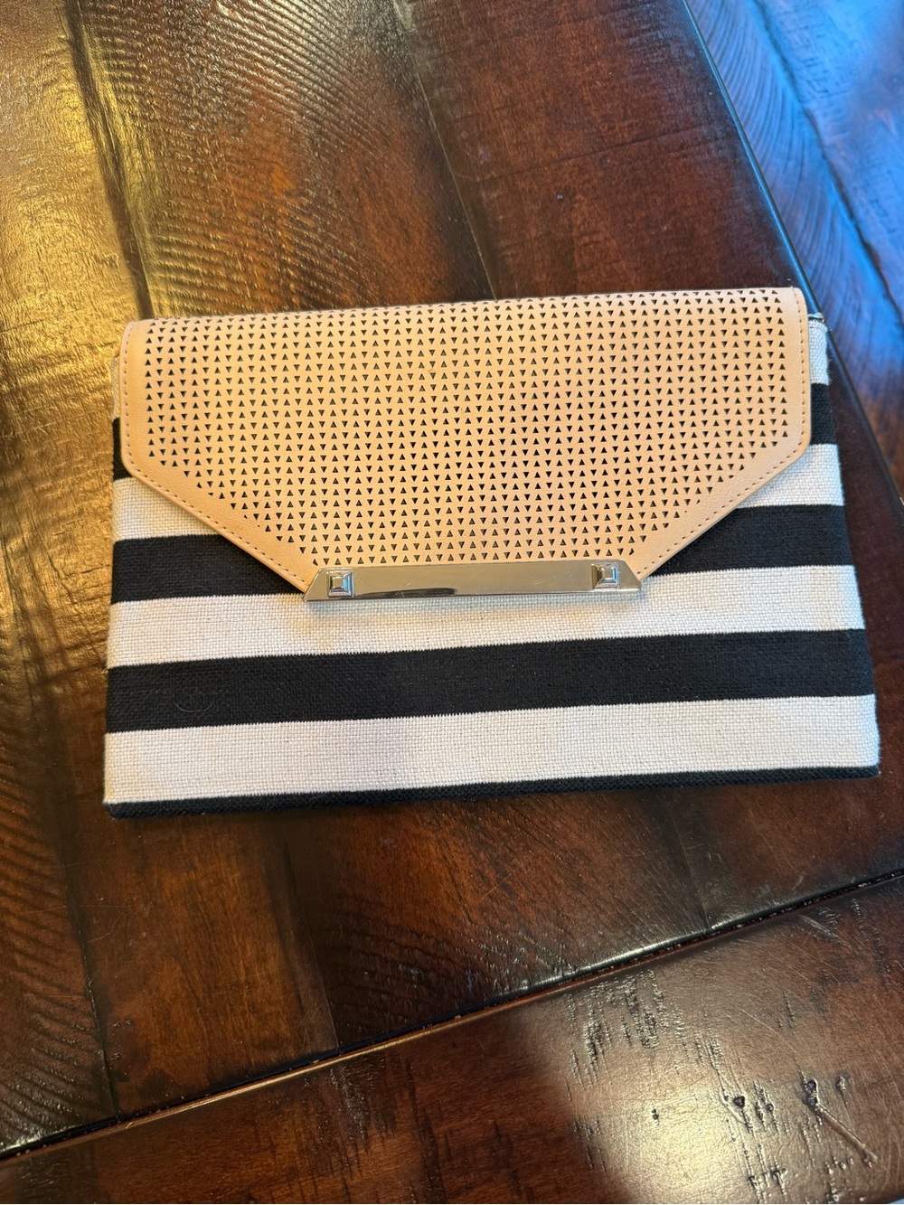 Stella & Dot Black and White Striped Perforated Flap Clutch